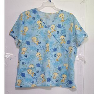 Looney Tunes Women's Scrub Top Tweety Bird Cartoon Character Medical Wear 2X
